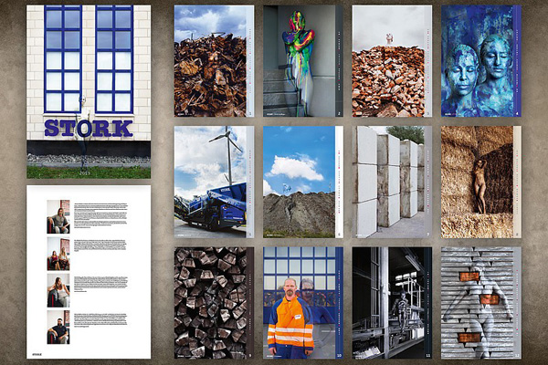 Eine Kalenderseite des Unternehmens Stork mit verschiedenen Fotografien, darunter Industrieaufnahmen, Landschaftsbilder und künstlerische Bodypainting-Motive.